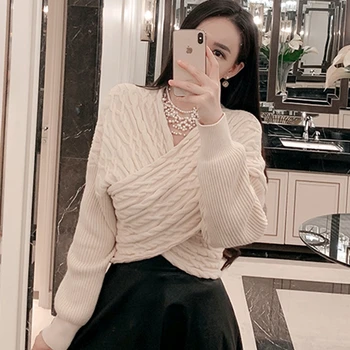 

NEW Fashion Winter Women Long Sleeve Loose Solid Cross Knitted Sweater Jumper Knitwear Outwear Women Clothing