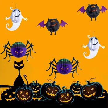 

6 pcs Halloween Hanging Ball DIY Spider Bat Gost Paper Lantern Decorative Pendent for Bar Hallween Event Backdrop decoration