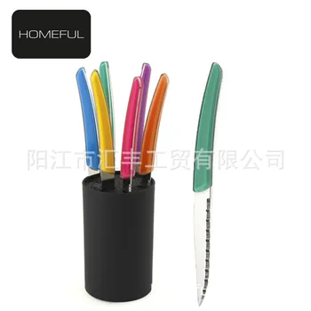 

Wholesale Color Acrylic Handle Steak Knife Set Plastic Free Slotting Tool Holder Tableware Set 6 Pieces