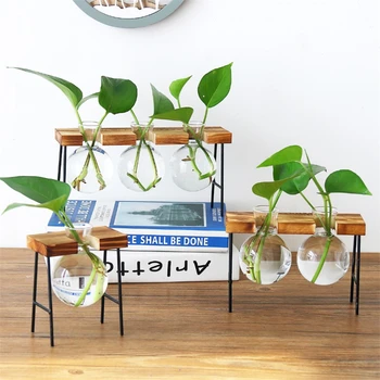 

Glass and Wood Vase Table Desktop Plant Pots with Wooden Tray Home Decor Planter Terrarium Hydroponics Plant Bonsai Flower Pot