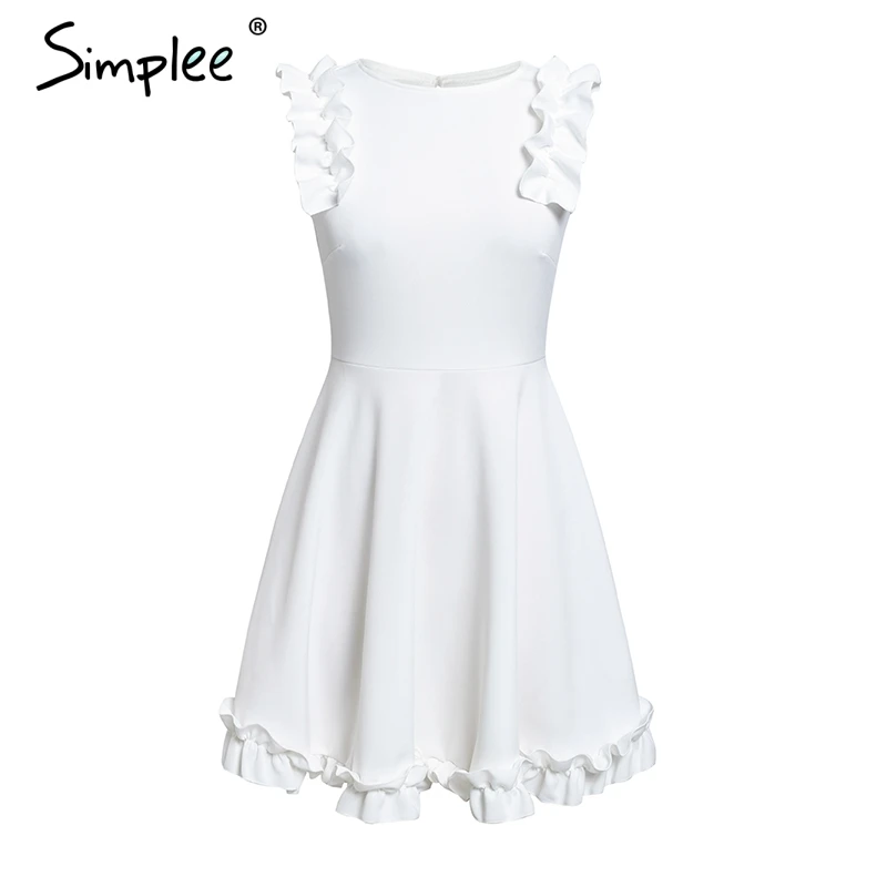 Simplee Sexy ruffle backless wome dresses O neck sleeveless party summer spring white dress Casual elegant solid dress festa