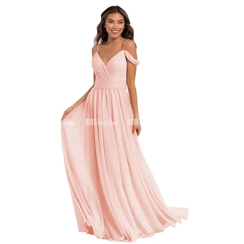 

V-neck Pink Chiffon Bridesmaid Dresses Off The Shoulder A-line Long Wedding Party Dresses Pleated Lace Up Back Gown For Wedding