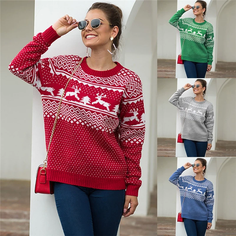 

Christmas Women O-Neck Sweater Lady Casual Long Sleeve Xmas knitting Pullover Tops Manteau pull femme