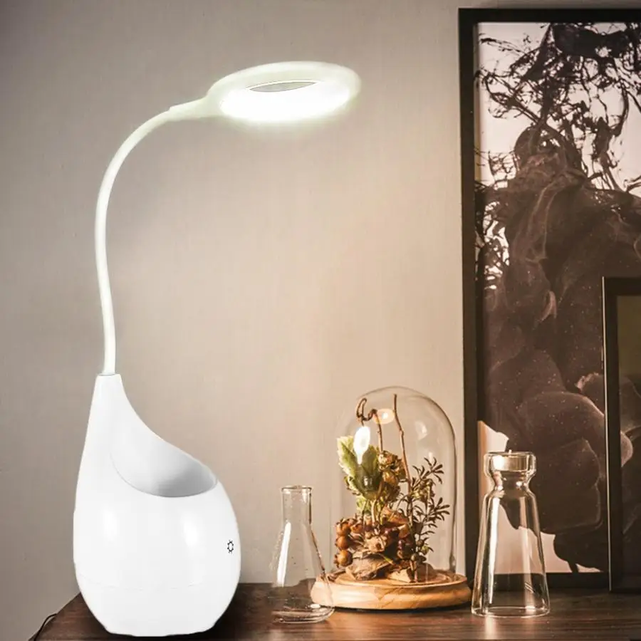 

USB Power LED Table Light Third Gear Dimmable Pure White Mini Touch Desk Night Lamp With Pen Container