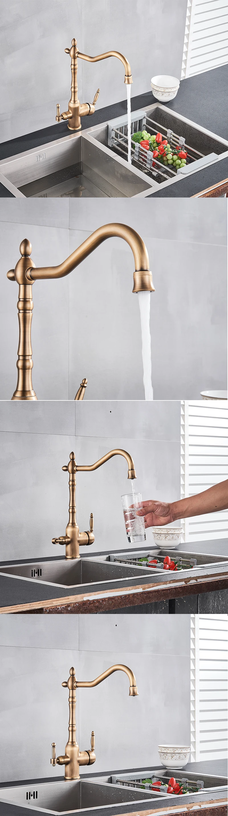 Description Picture 3 of itemFilter Kitchen Faucet 360 ° Rotatble  Hot And Cold Mixer Tap Faucet Double Handle Deck Mounted Kitchen Tap Black Basin Faucet