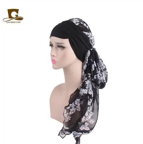 Армейский зеленый Elegant Women Long Headwear Print Turban Fashion Chemo Cap Pre-Tied Bandana Headscarf - Цвет: Армейский зеленый