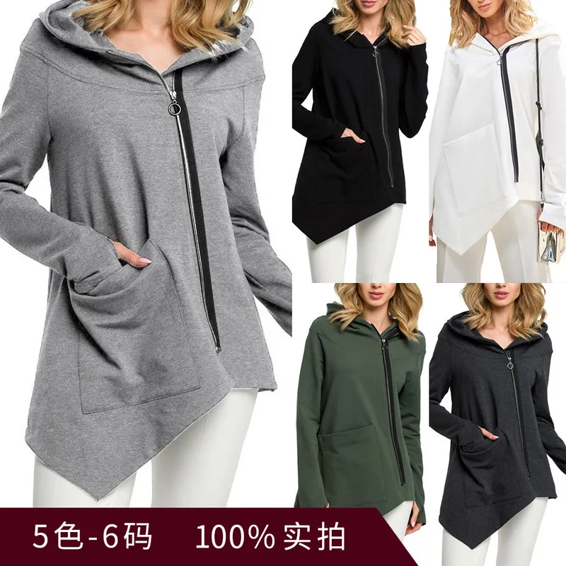 

2019 Autumn and winter new oblique zipper women's clothing irregular pocket jacket