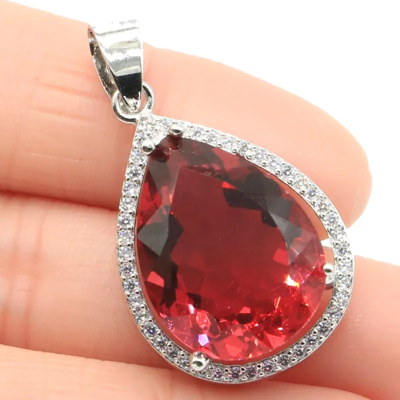 32x19mm Big Jewelry Set European Design Drop 20x15mm Created Pink Tourmaline CZ Woman's Bride Wedding Silver Earrings Pendant |