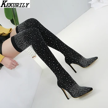 

Crystal Thigh High Boots Women Fashion Knitting Over the Knee Boots High Heel Sexy Socks Boot Pointed Toe Shoes Zapatos De Mujer