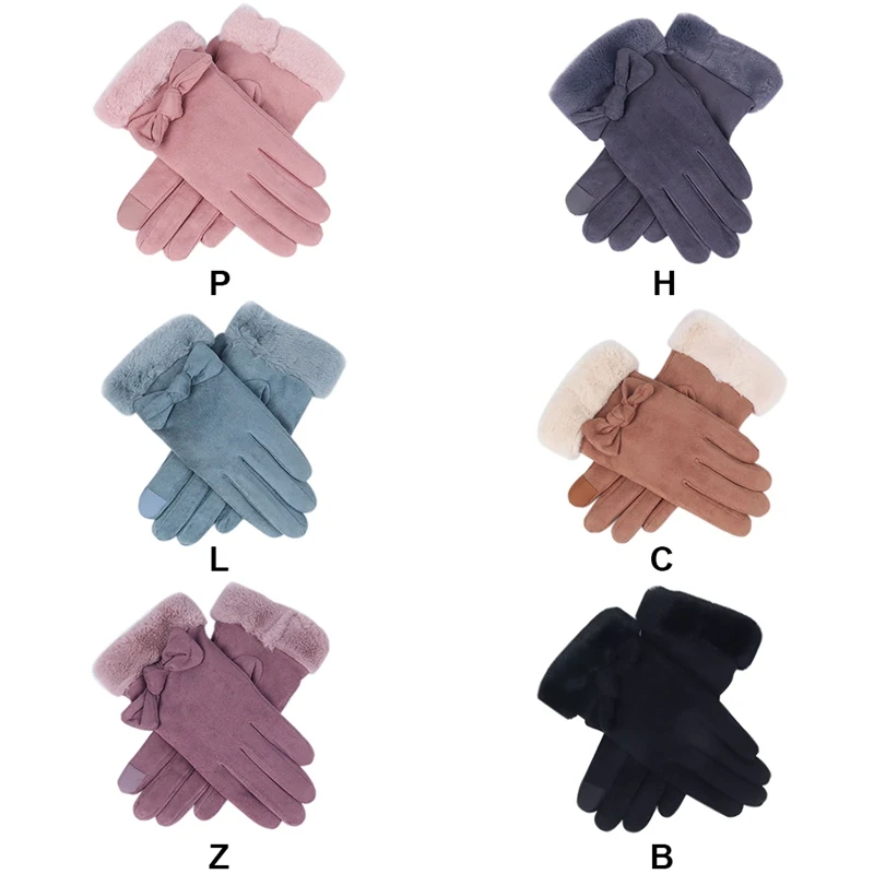 New Women Gloves Plus Velvet Bowknot Touch Screen Outdoor Sport Warm Suede Mitts Full Finger Female Cold Protection Gloves