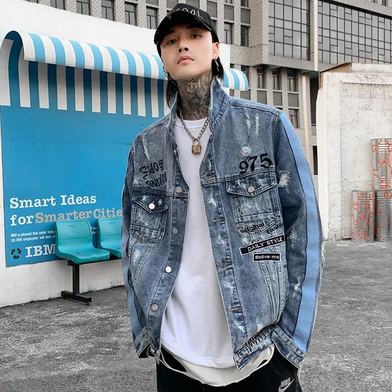 Men Hip Hop Denim Jacket Vintage Jeans 