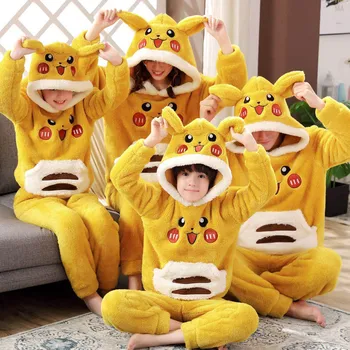 

Winter Parent-Child Pajama set Children's Flannel Pyjamas Thickened Plush Hooded Long Sleeve Animal Panda Women Men Homewear