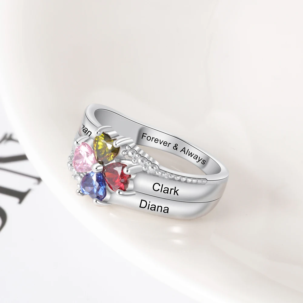 JewelOra Customized Family Name Mothers Ring with 4 Heart Birthstones Silver Color Personalized Engraved Rings for Women Gifts - Image 6
