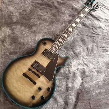 

High quality Chinese factory electric guitar with gray color, blue logo and binding, black hardware, can be customized any color