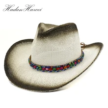 Летние унисекс широкий с полями, солнце Бумага соломенный джазовый Шапки с Цветной декоративные камни на пляже в ковбойском стиле Женская Ковбойская шляпа с полями для путешествий для Для мужчин Для женщин