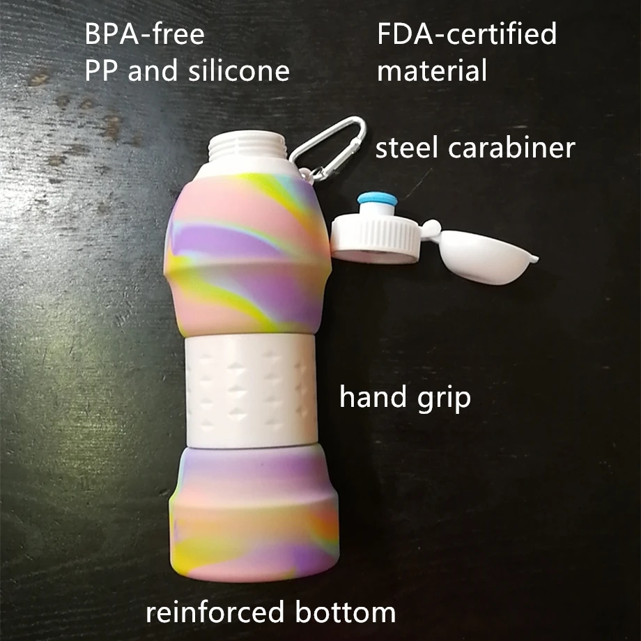 100 шт./лот, 600 мл, силиконовая складная бутылка, чашка для воды, складная, 20 унций, колба, Телескопическая Кружка, дорожный стакан, BPA-free, FDA сертифицировано