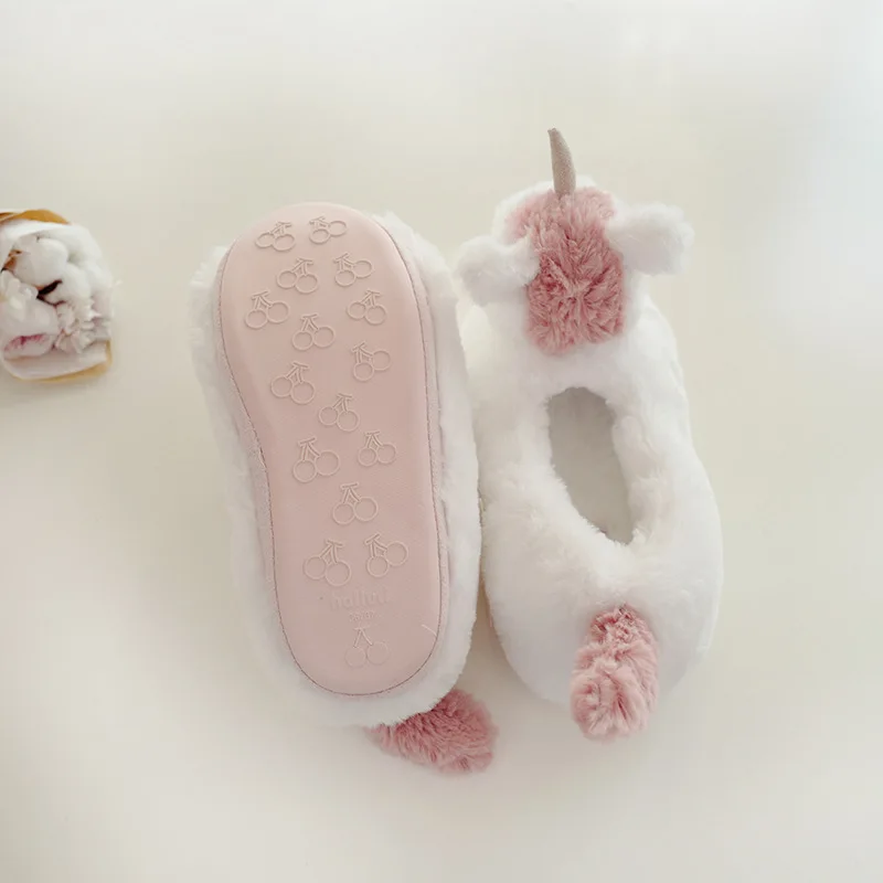 Unicorn Slippers Warm Winter Children Women mother shoes Rabbit White fur Slippers for Baby Family Cartoon Home Shoes Kids