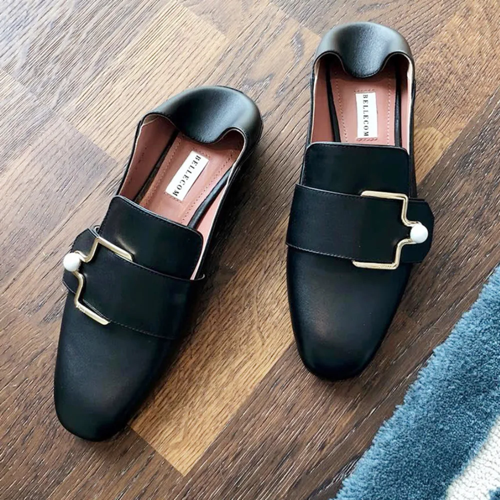 

BELLECOM 2019 Summer and Autumn Parent-style Leather Shallow Carrefour Shoes Square Button Flat Bottom and One Foot Stick Leisur