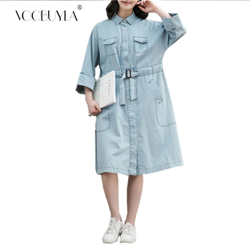 

Voobuyla 2019 Autumn Women Retro Dress Denim Front Belt Casual Vintage Blue Solid Midi Shirt Robe Femme Cotton Dress Vestido XXL