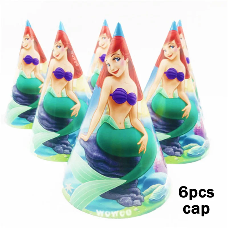 10 Kids Little Mermaid Disposable Tableware Happy Birthday Party Supplies Festival Decoration Event Party Favor Gender Reveal Girls Ariel Princess Tablecloth Caketopper - Цвет: 6Cap