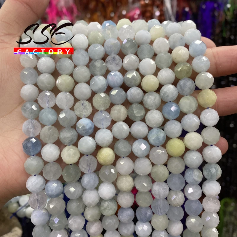 Faceted Natural Aquamarines Stone Beads Loose Spacer Beads For Jewelry Making DIY Bracelets Necklace Accessories 6 8 10mm 15''