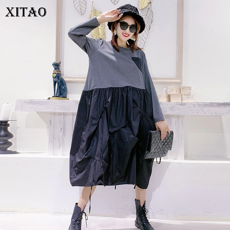 

XITAO Patchwork Casual A Line Style Ribbon Pullover Dress Women 2020 Spring Tide Fashion O Neck Collar Long Sleeve Dress DMY2540