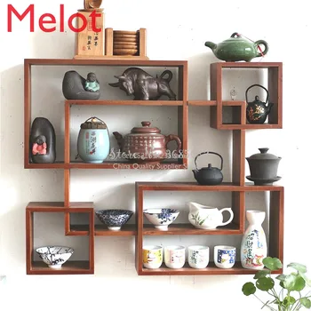 

Solid Wood Wall Display Stand Size Purple Sand Teapot Cup Holder Tea Set Storage Cabinet Rack