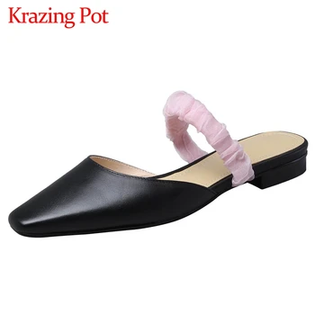 

Krazing Pot genuine leather small square toe low heel slip on mules beauty lady daily wear simple style fashion women pumps L95