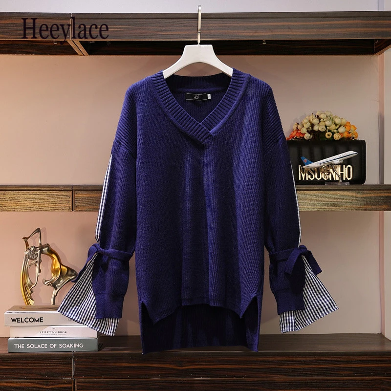 

Plus Size Autumn Winter Women Sweater Plaid Patchwork Knitted Pullover And Sweater Fashion Casual Femme Jumper Large Size 5XL
