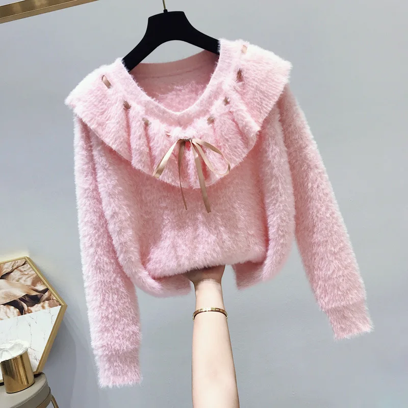 Осенний зимний женский свитер Пуловеры корейский искусственный бархат пушистый милый вязаный джемпер свитера женская одежда pull - Цвет: Розовый