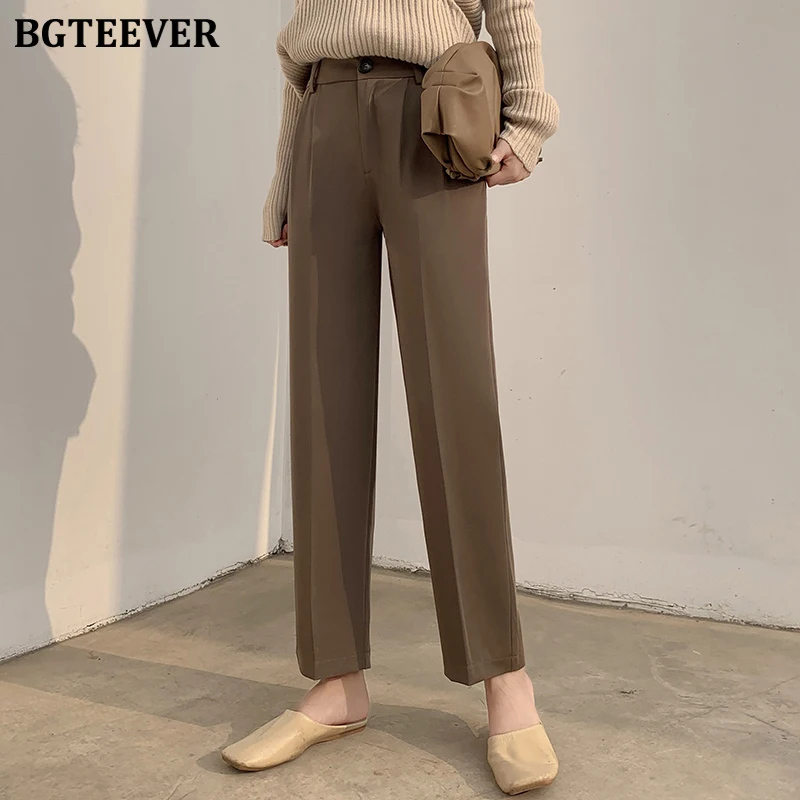 BGTEEVER Elegant Straight Women Suit Pants Button Up Loose Office Ladies Pants Ankle-length 2020 Spring Summer Capris femme BGTEEVER Elegant Straight Women Suit Pants Button Up Loose Office Ladies Pants Ankle-length 2020 Spring Summer Capris femme