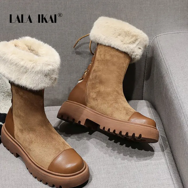 LALA IKAI/женские зимние ботильоны из флока; теплая плюшевая обувь; зимние ботинки в стиле пэчворк; женская обувь на платформе со шнуровкой; zapatillas mujer; WA8827-4 - Цвет: brown
