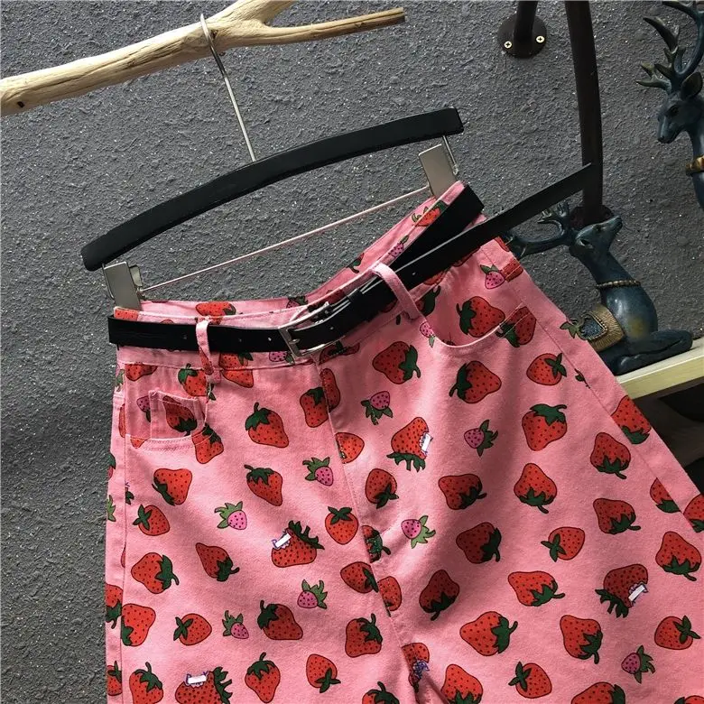 soffe shorts Pink Strawberry Print Knee Length Jeans Women 2021 New Summer Fashion All-match High Waist Loose Straight Shorts Wide Leg bike shorts