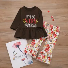 Штаны с цветочным принтом; одежда для маленьких девочек; футболка на День Благодарения для маленьких девочек; костюм; комплект одежды; roupa infantil menino