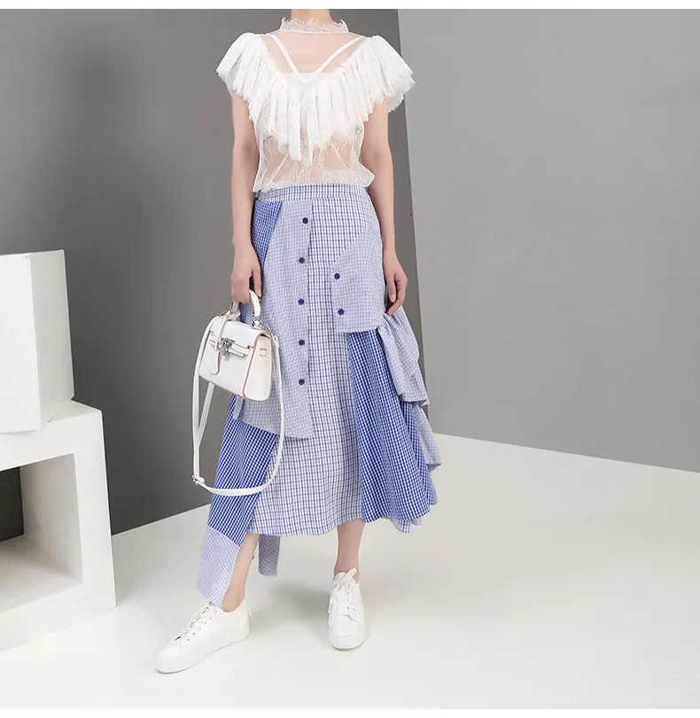 [EAM] новая весенне-летняя юбка с высокой эластичной талией, синяя клетчатая юбка с неровным разрезом, Женская мода JX996