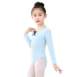 Цельные балетные трико для девочек, Одежда для танцев, детские спортивные костюмы для гимнастики с длинными рукавами и галстуком-бабочкой