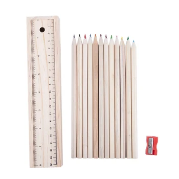 

Wood Pencil Case Box Colour Pencils + Wooden Sharpener Ruler Sketching Set Art Artist School Drawing