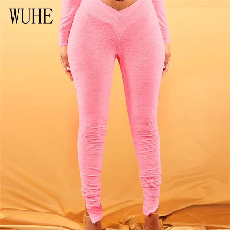 

WUHE Women Elastic Stacked Pants Leggings V-low Waist Flare Bell Bottom Ruched Stack Trousers Draped Jogger Pants Sweatpants
