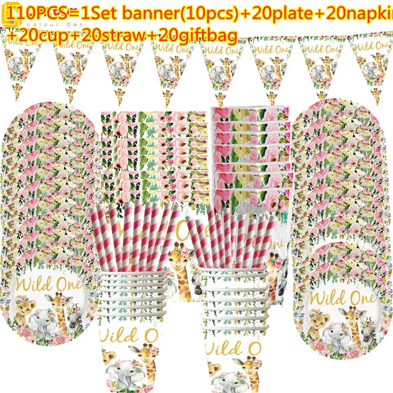 

20 people use Wild One girl Birthday Jungle Animal Set Tableware giftbag banner cup Party Kids Forest Safari Theme Party Deco
