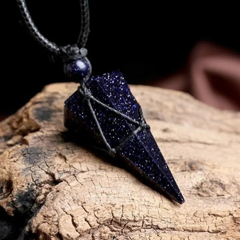 Natural Obsidian Blue Sandstone Necklaces & Pendants With Hand Braided Rope Energy Power Stone Cone Shape Amulets