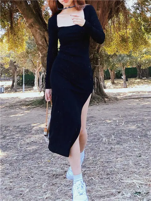 Girls Lengthy Sleeve Costume Mid-calf Size Sq. Collar Black Sheath Retro Slim Attractive Classic Aspect Slit Stretchy All-match Easy 68 Hd51ca09ca61946f9be7b4994d6be837aj