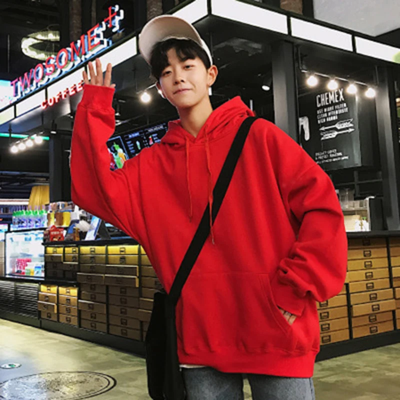 2019 Autumn And Winter New Men's Fashion Trend Loose Hooded Jacket Street Solid Color Couple Plus Velvet Hoodies Tide