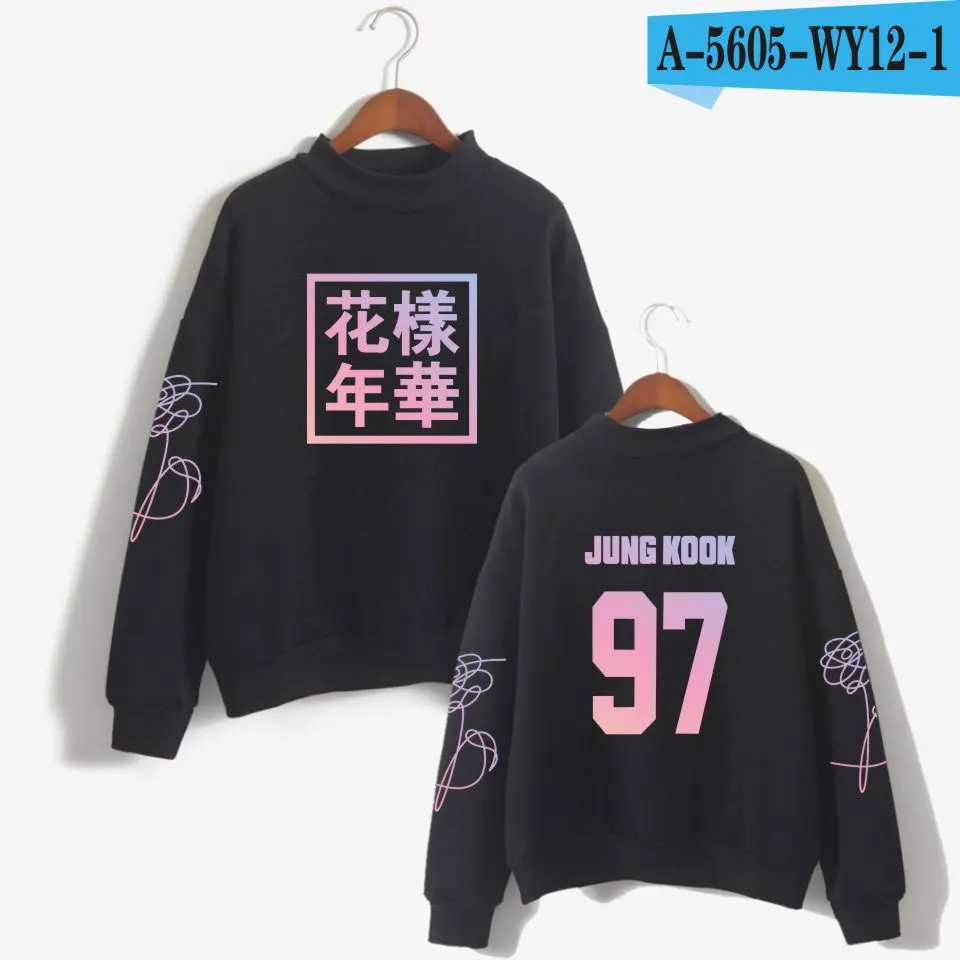 Bangtan Kpop толстовка с высоким воротником Женская Bangtan мальчики унисекс модные вентиляторы водолазка Толстовка черная белая одежда - Цвет: Black