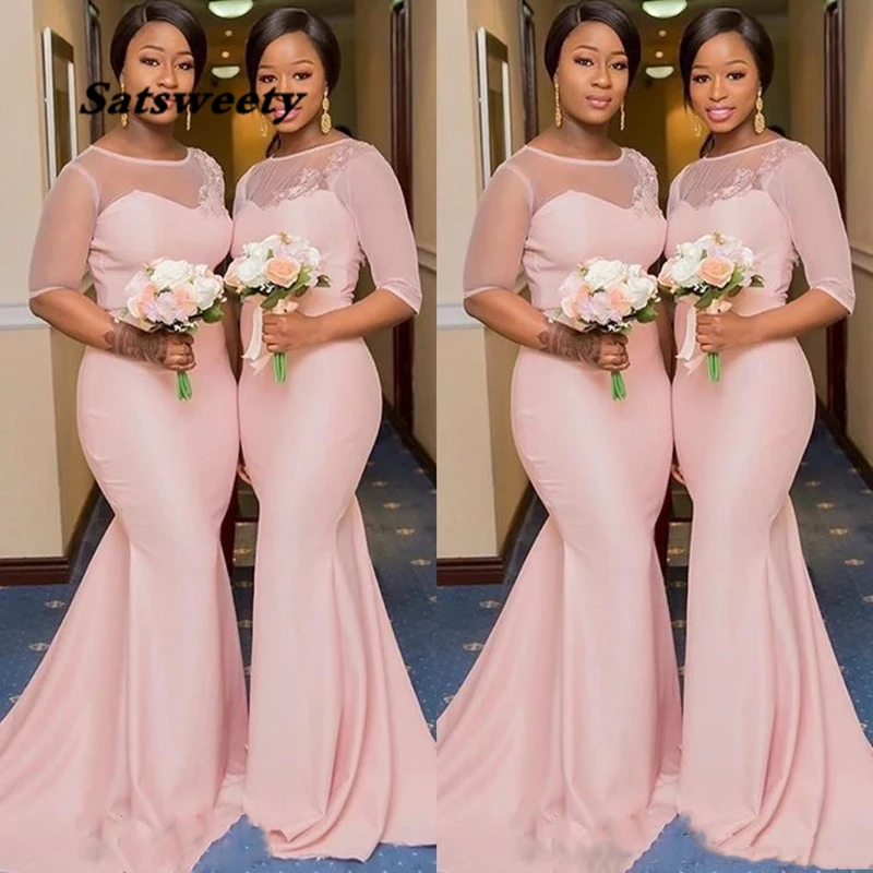 Blush Pink Plus Size Bridesmaid Dresses with Sleeves 2024 Jewel