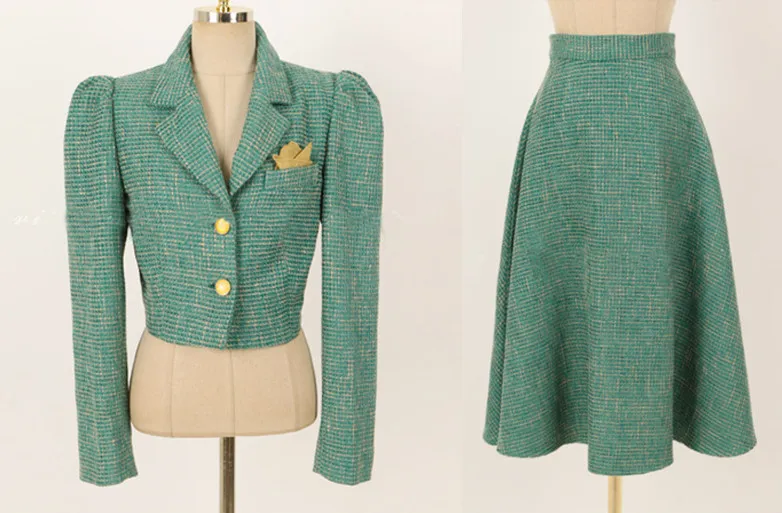 Elegant OL Green Tweed Two Piece Set Women Ruched Puff Sleeve Short Blazer + Woolen High waist A-line Skirt Suits 2 Piece Outfit