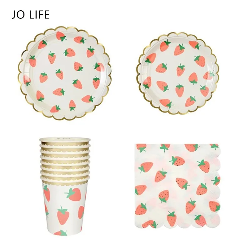 

JO LIFE Cute Fruit Painted Plate Cup Napkin Birthday Wedding Party Decoration Strawberry Lemon Disposable Tableware