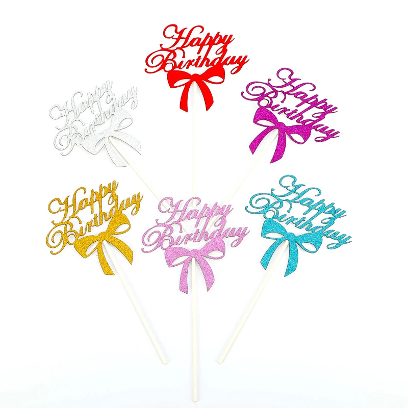 

1pc Party Cake Topper Baking Cake Insert Decoration Shiny Happy Birthday Toppers Silver Gold Pink Color Cake Decorating Tools