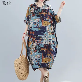 

2020 Summer Sundress Plus Size Dresses For Women 4XL 5XL 6XL Robe Female Cotton Linen Maxi Dress Vintage Abstract Print Dress