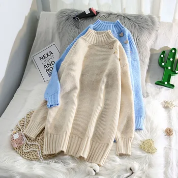 

solid knitted women sweaters button loose thicken warm lady elegant pulls fashion outwear coat tops
