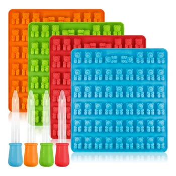 

53 Cavities Colorful Silicone Bear Gummy Candy Mold with 4 Dropper for DIY Candy, Jelly,Cookie,Chocolate,Ice -4 Pack